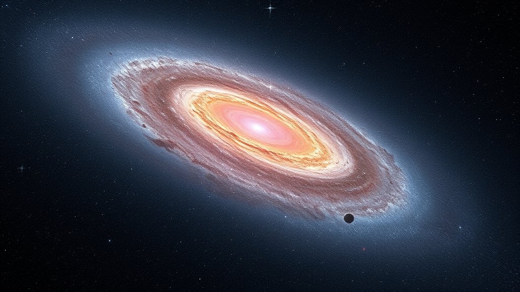 A high-resolution image of the Andromeda galaxy with a red glow in the center, representing the mysterious red source, with a few stars and celestial objects in the background to give context.