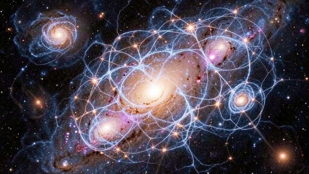 A visually striking image of galaxy clusters with a fractal pattern, showcasing the intricate web-like structure of the universe.