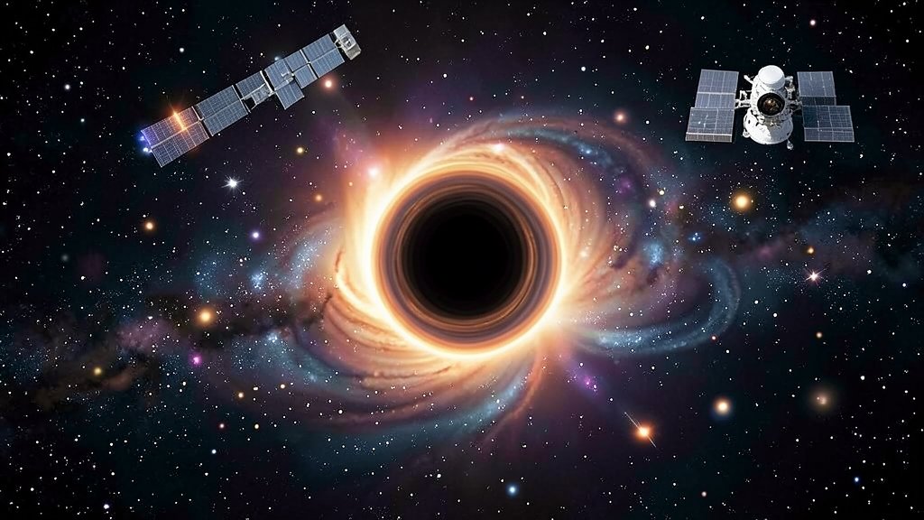 An illustration of a quasar with a supermassive black hole at its center, surrounded by stars, gas, and dust, with the James Webb Space Telescope in the background.