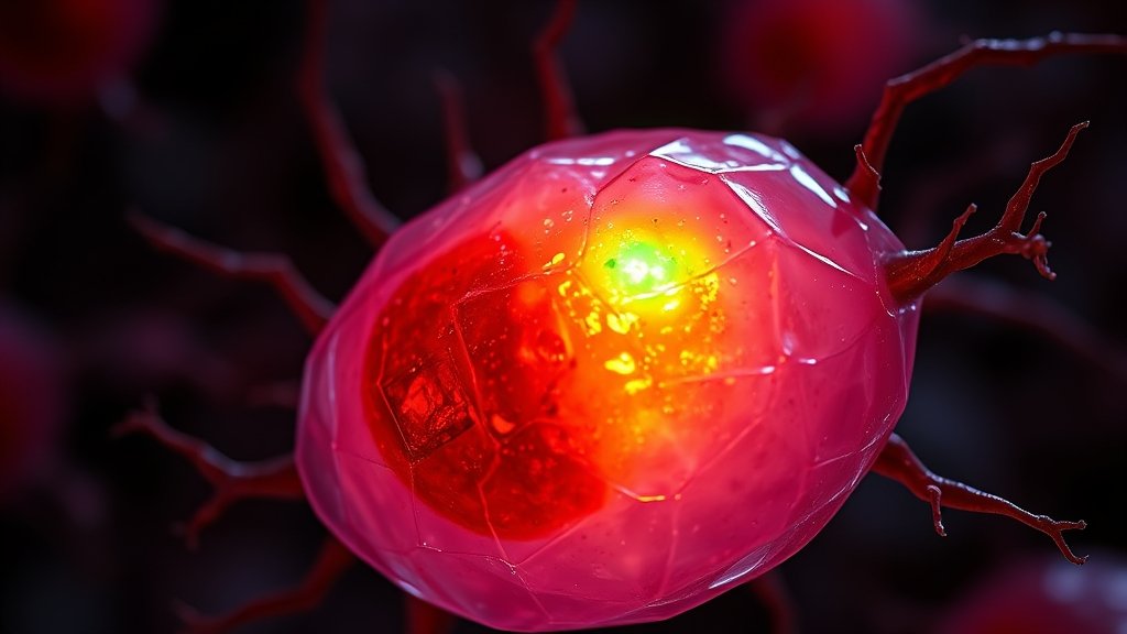 A microscopic image of a living cell with a biosensor tracking iron levels, with a green glow indicating the presence of iron.