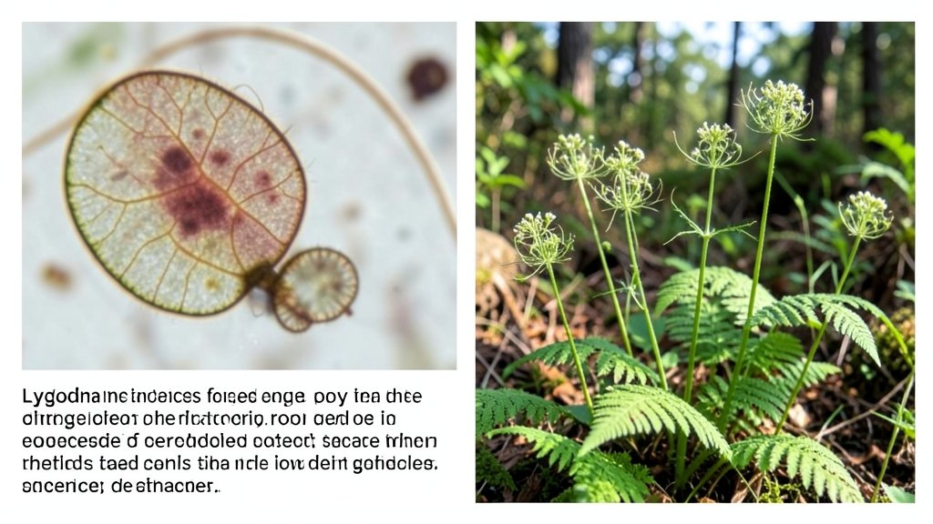 A microscopic image of a chloroplast with a caption explaining its role in plant cells, alongside a picture of Lygodium ferns in their natural habitat, highlighting the diversity of species.