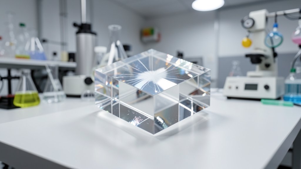 An illustration of a 3D nanoscale device made from a single crystal material, with a background of a laboratory setting and scientific equipment.