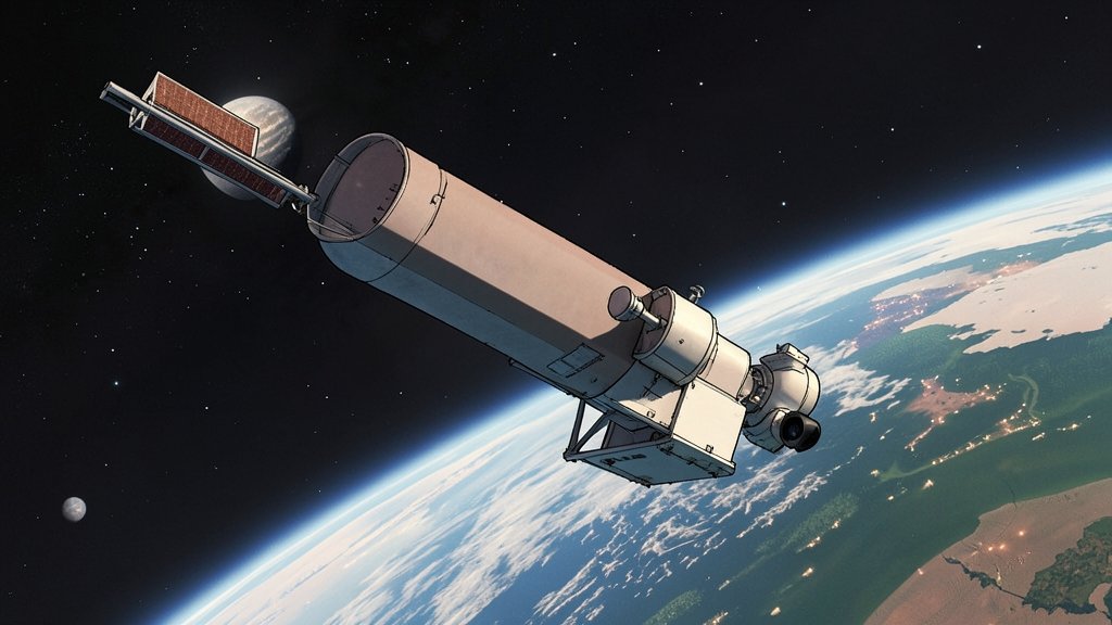 An artist's illustration of a space telescope in orbit around Earth, with a distant planet in the background, and a subtle hint of a potentially habitable environment on the planet's surface.