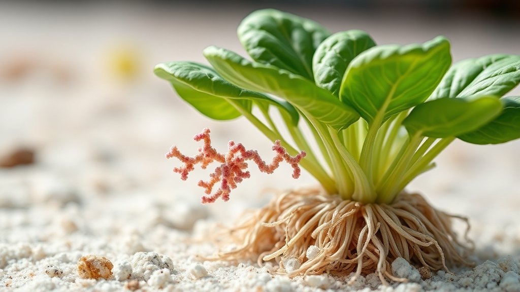 A microscopic image of halophilic bacteria interacting with Spinacia oleracea roots, with a background of a healthy spinach plant growing in a saline environment