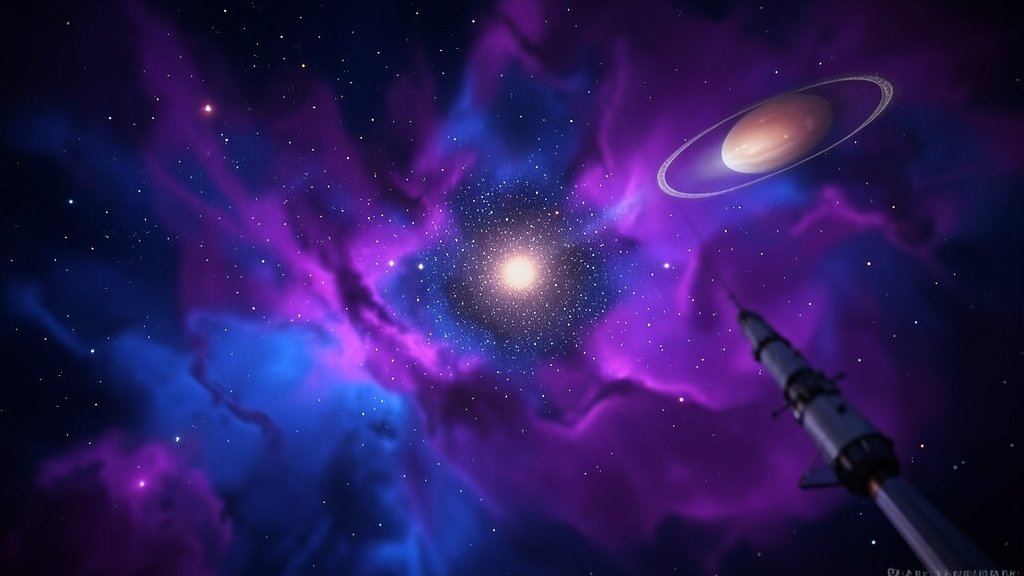 An illustration of a distant star with a transiting exoplanet, surrounded by a vibrant purple and blue nebula, with a subtle hint of a telescope or spacecraft in the background.
