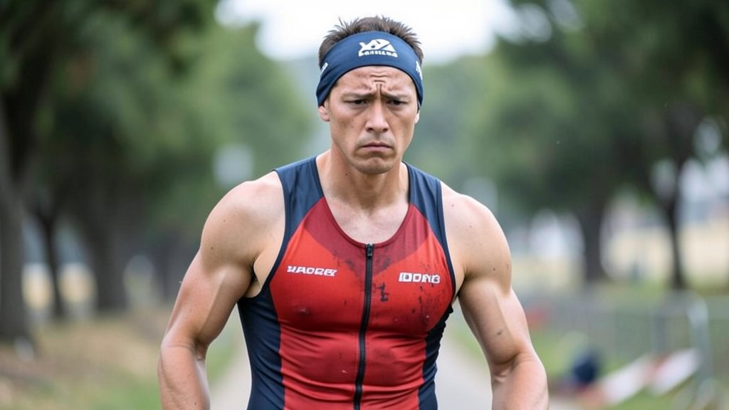 A photo of a triathlete in training, with a subtle hint of disappointment or frustration in the background, to convey the idea of a setback.