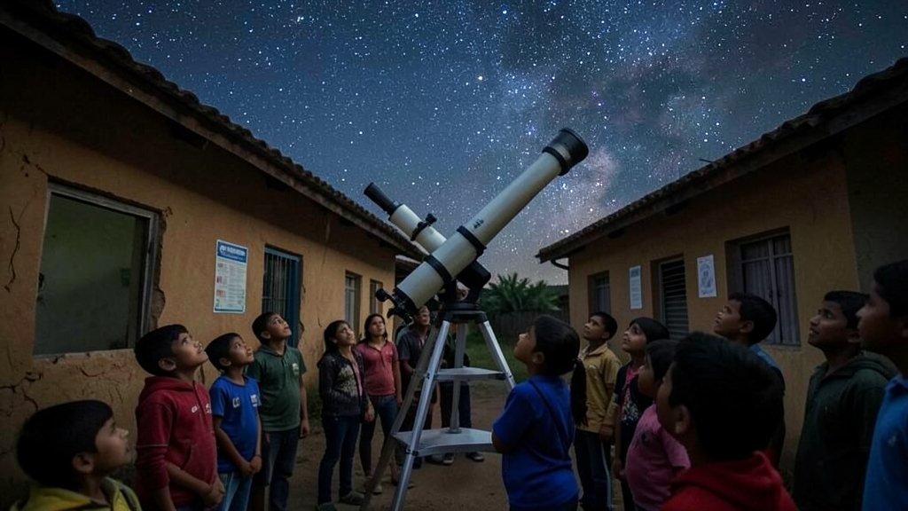 A photo of a telescope in a rural school, with students gathered around, looking up at the night sky in wonder