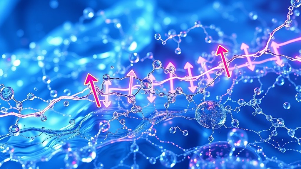 A microscopic image of water molecules under the influence of electric fields, with arrows representing the flipping of water molecules
