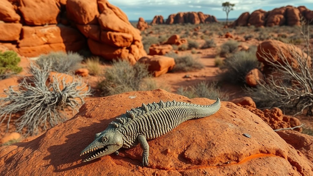 A photograph of the strange red rocks in Australia with a fossilized creature in the foreground, set against a backdrop of the Australian outback.