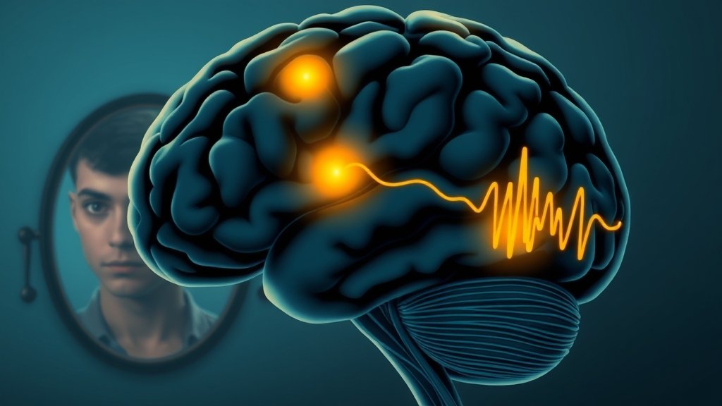 A detailed illustration of the human brain with highlighted areas showing different types of brain waves, with a subtle background of a person looking in the mirror, symbolizing self-awareness.
