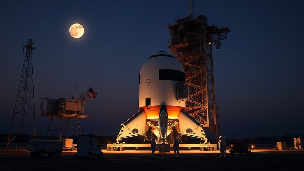 A photo of the Artemis II spacecraft on the launch pad with astronauts in the background, with a subtle moon image in the sky