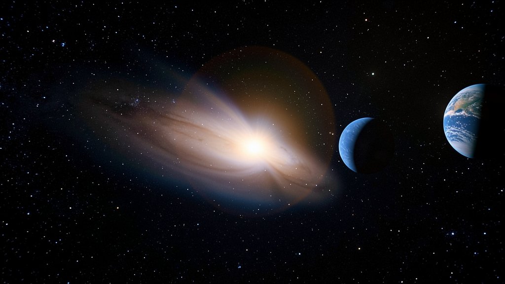 A high-resolution image of Comet 3I/ATLAS in space, with the Earth and Sun in the background, highlighting the rare alignment of the three celestial bodies.