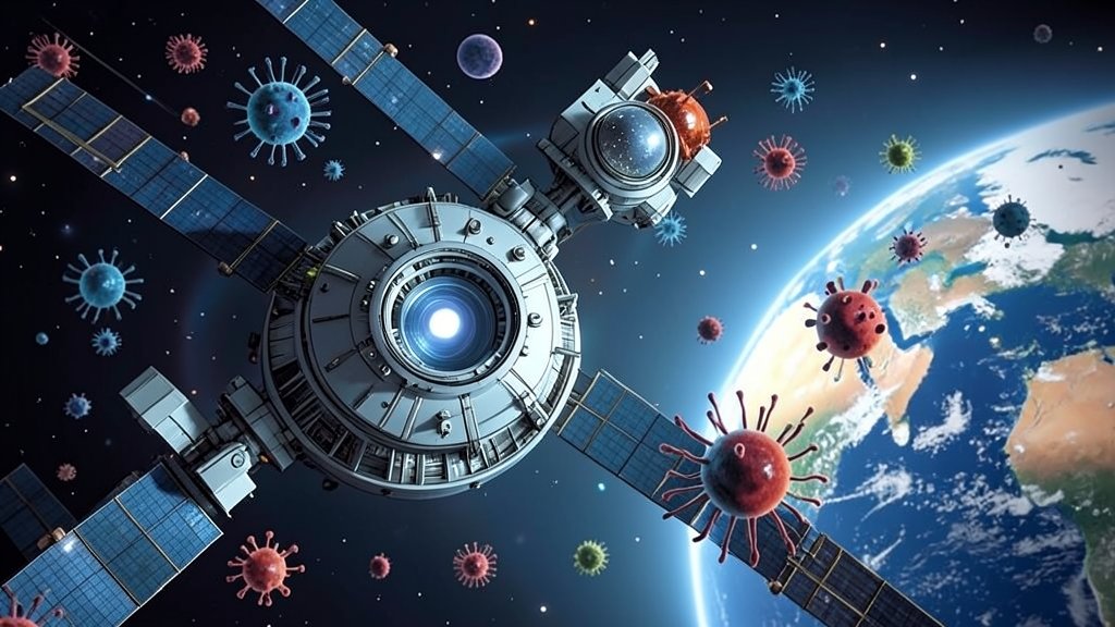 An illustration of a space station with microbes and viruses floating in the background, with a subtle glow of Earth in the distance, representing the connection between space research and saving lives on our planet.