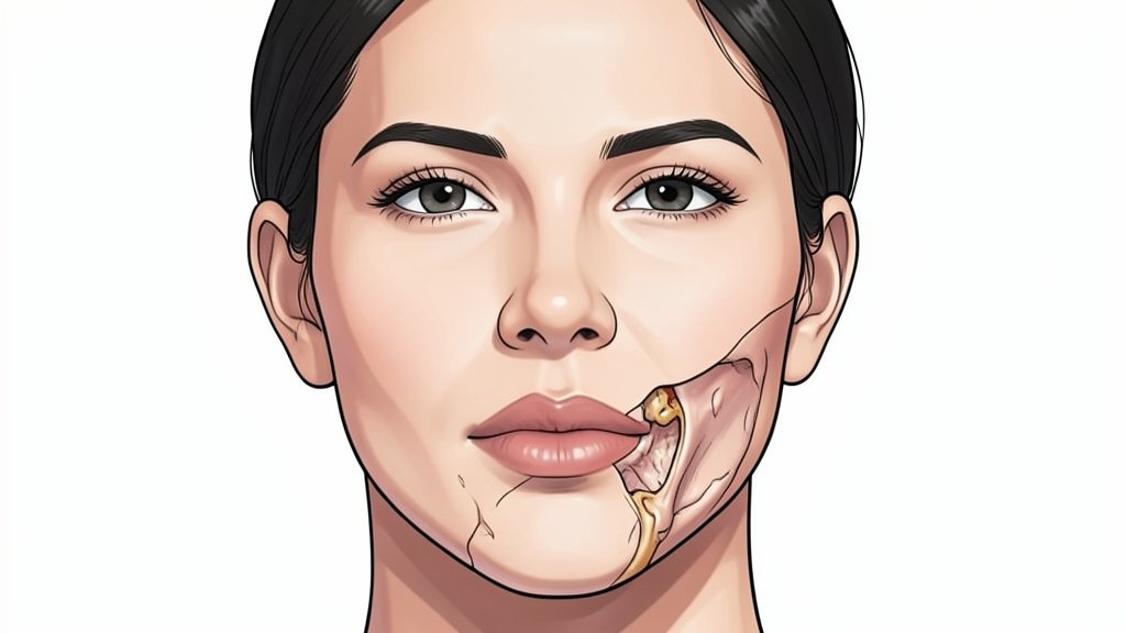 A detailed illustration of the human face with a highlighted chin, showcasing its unique structure and possible evolutionary adaptations.