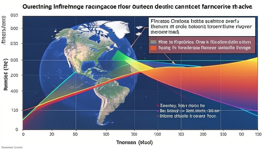 A detailed illustration of the Earth's infrared spectrum with a graph showing the changes in the outgoing infrared radiation over time, highlighting the impact of climate change.