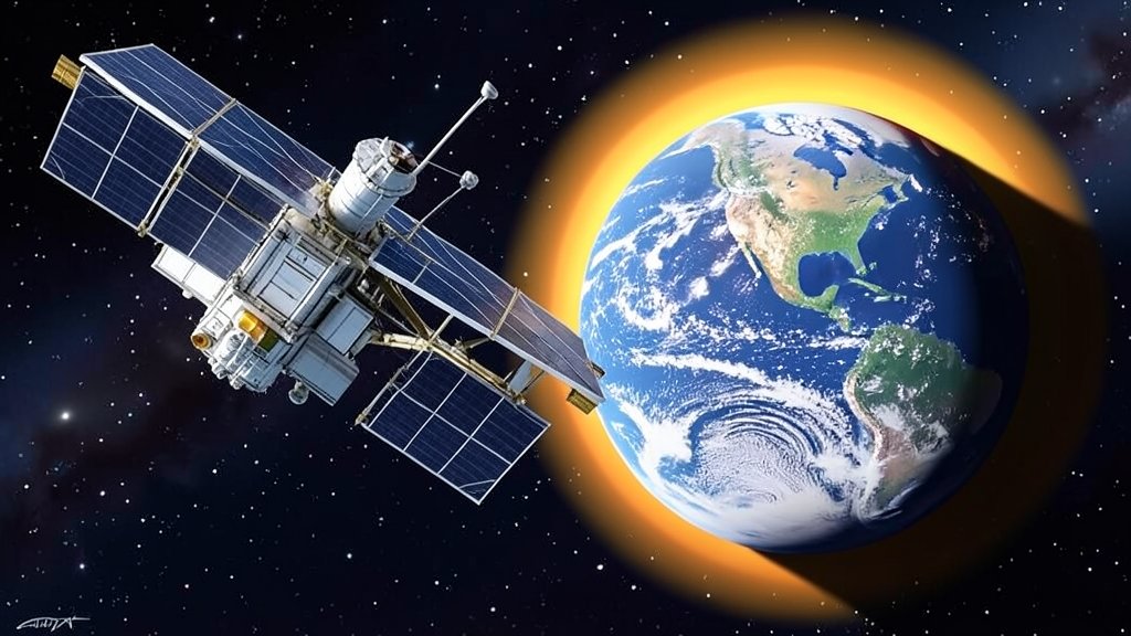 An illustration of a spacecraft deploying a solar eclipse simulator in space, with the Earth and Sun in the background.