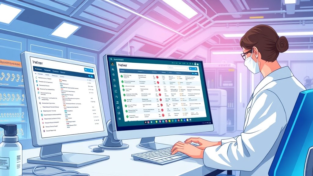 A detailed illustration of the Helixer tool's interface, showcasing its gene identification capabilities in a futuristic laboratory setting, with a scientist in the background analyzing data on a computer screen.