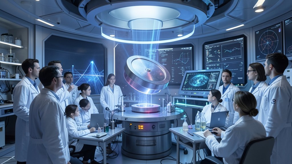 A futuristic laboratory setup with a levitating magnet and a quantum computer in the background, surrounded by scientists in white coats observing the experiment.