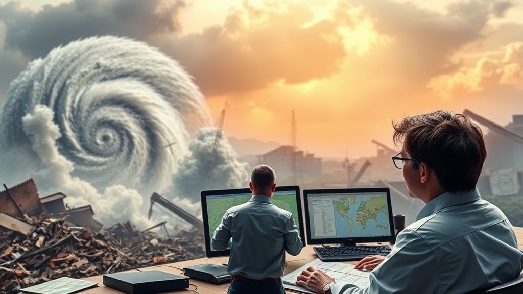 A dramatic image of a natural disaster, such as a hurricane or earthquake, with a researcher in the foreground studying the effects, surrounded by maps, computers, and other scientific equipment, conveying the importance of publication strategies in understanding and mitigating such events.