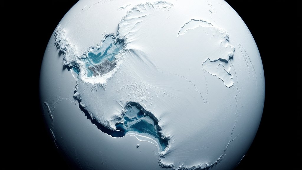 A satellite image of Antarctica with a visible ice sheet and a subtle hint of the hidden landscape beneath