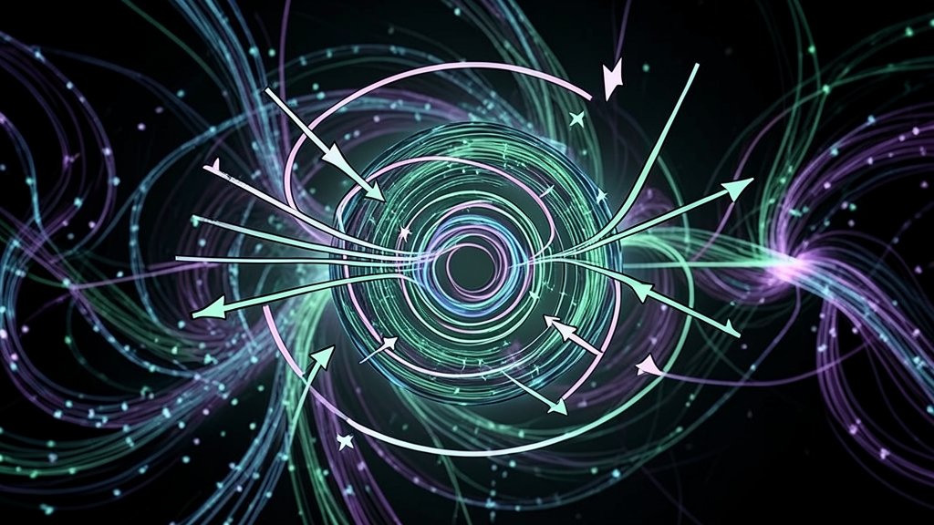 An illustration of a quantum material with a hidden magnetic order, with arrows representing the magnetic fields and a background of swirling electrons.