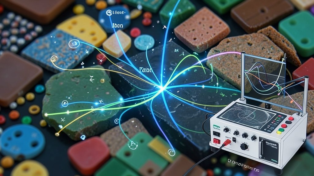 A visual representation of energy flow in semiconductors, with a background of semiconductor materials and an illustration of ultrafast spectroscopy equipment in the foreground, highlighting the interaction between light and matter.