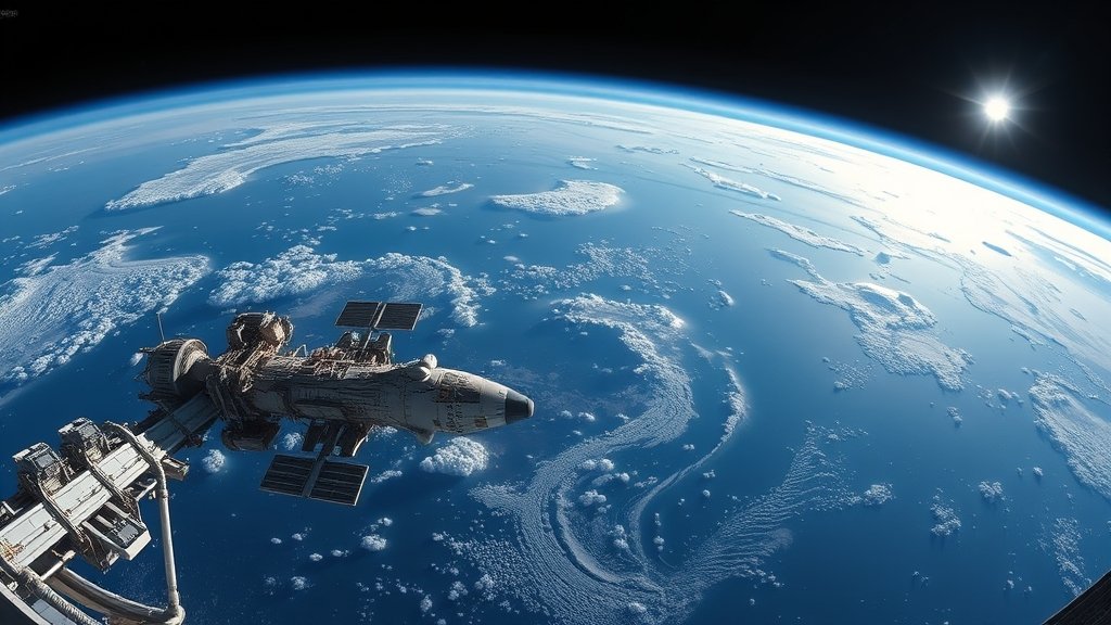 A panoramic view of the Earth from the International Space Station, with the moon in the background, and a spaceship docked at the station.