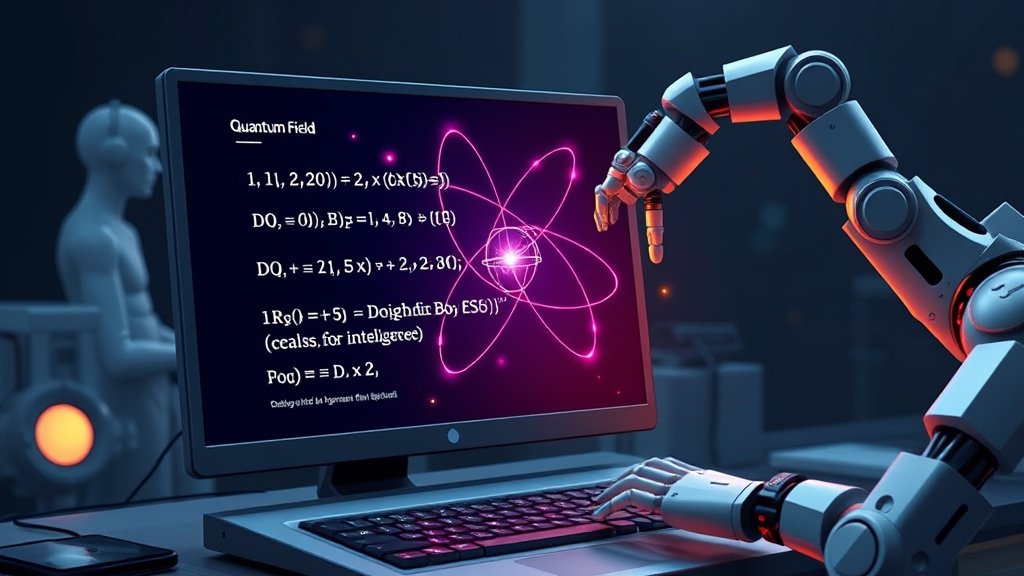 An illustration of a quantum field theory equation being solved by a computer, with a robotic arm in the background, symbolizing the collaboration between human and artificial intelligence.