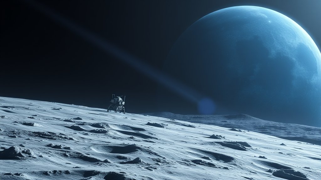 An image of the Moon's surface with a spaceship in the background, collecting samples, and a blue glow representing water.
