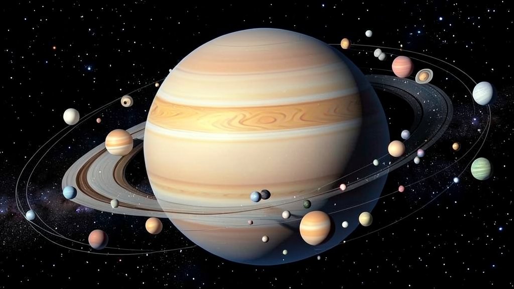 An illustration of the Saturnian system with its numerous moons orbiting around the planet, with a focus on the diversity of their sizes and compositions.