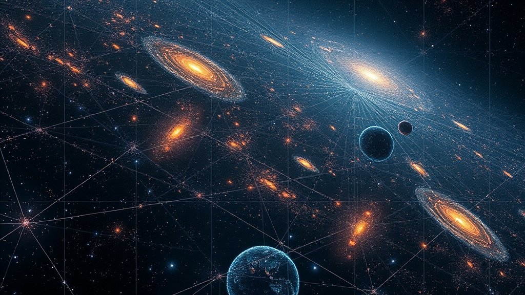 An artistic representation of the cosmic web, with galaxies and galaxy clusters embedded in a network of dark matter filaments, illuminated by the light of distant stars and galaxies.