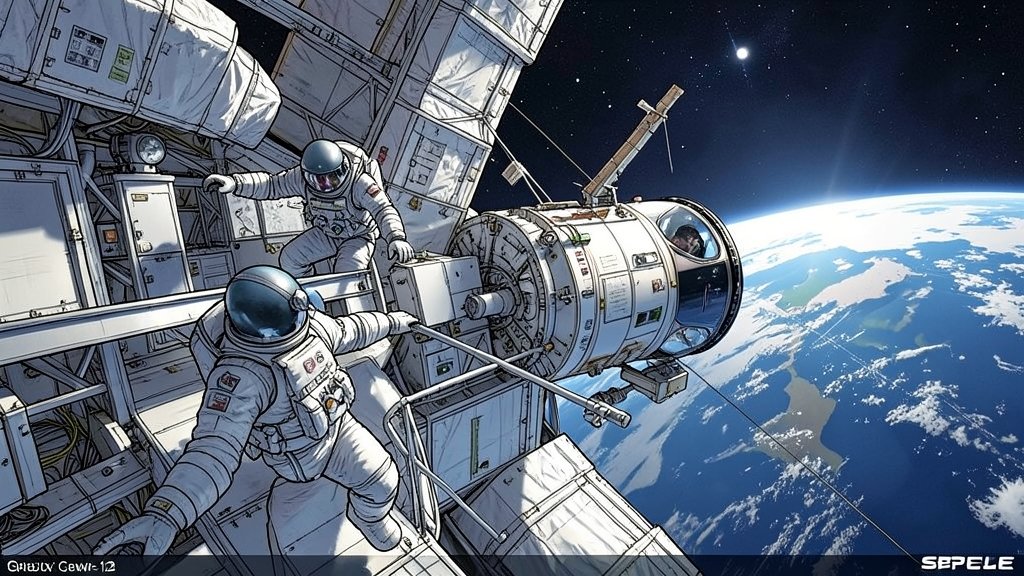 A detailed illustration of the SpaceX Crew-12 mission docked at the International Space Station, with astronauts in space suits performing a spacewalk, and the Earth visible in the background.