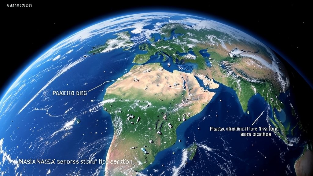 An image of the Earth from space with a focus on the oceans, highlighting the issue of plastic pollution and the role of NASA's space sensors in tracking it.