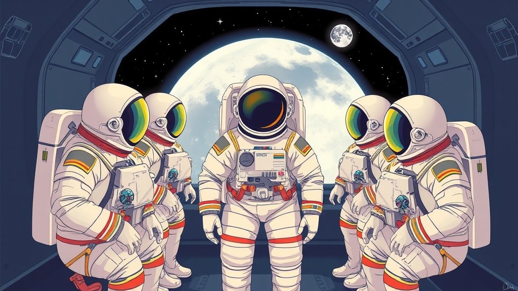 An illustration of astronauts in quarantine before their mission to the moon, with a space suit and a backdrop of the Earth and the moon.