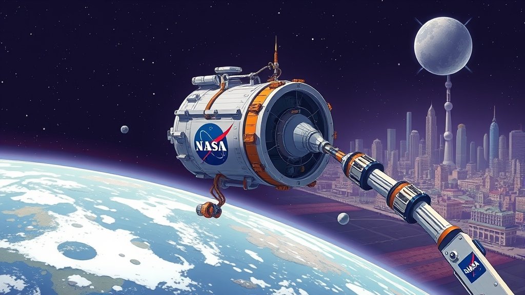 An illustration of a NASA spacecraft exploring the Earth's surface, with a cityscape in the background and a robotic arm collecting samples.
