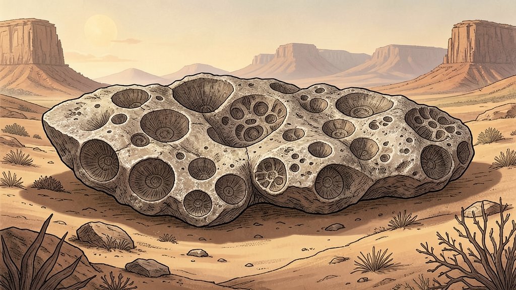 A detailed illustration of Ediacara Biota fossils with a background of ancient Earth landscape