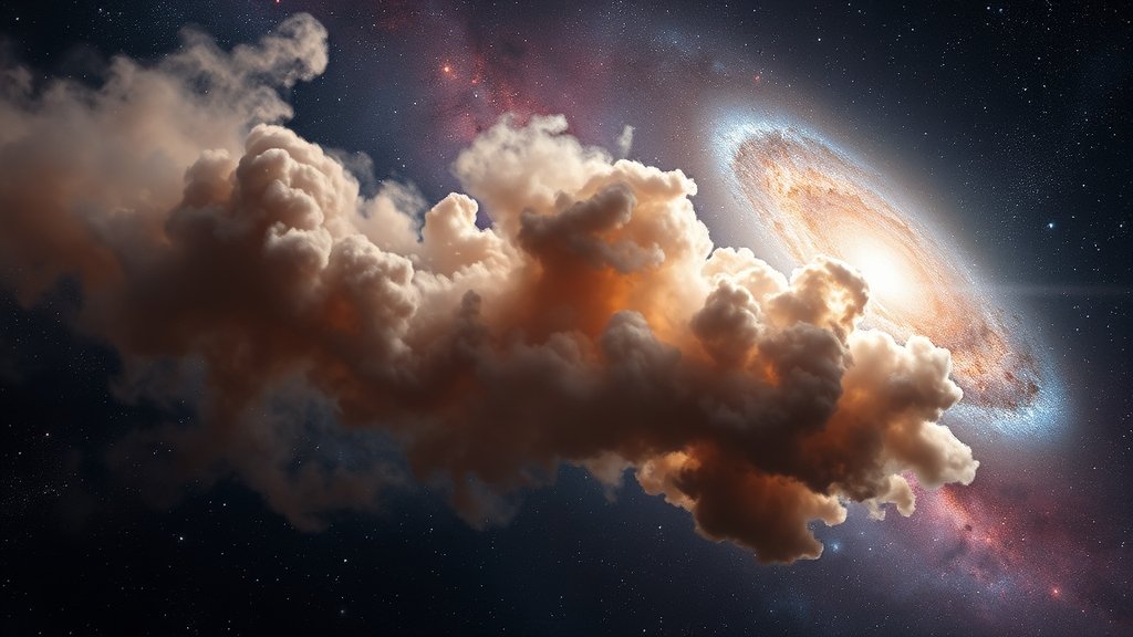A stunning image of a cosmic dust cloud with a galaxy in the background, captured by the Hubble Space Telescope