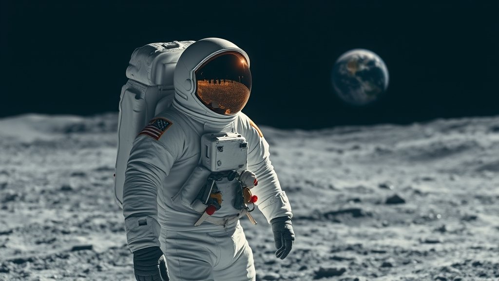 A picture of an astronaut wearing a lunar spacesuit on the moon's surface with a subtle background of the Earth.