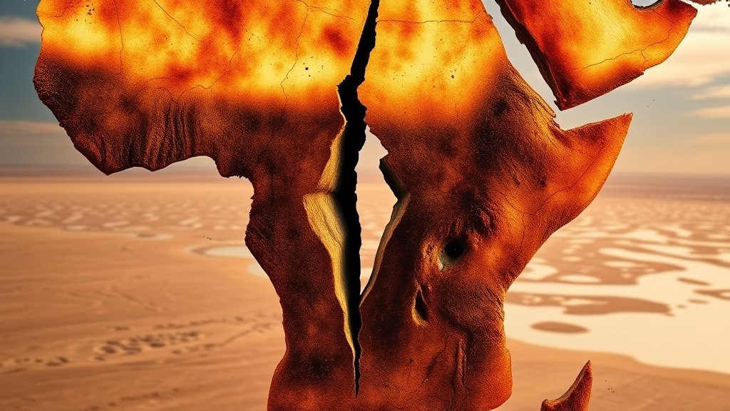 A dramatic image of the African continent with a large crack or split in the middle, symbolizing the formation of a new ocean, with a subtle background of a drying lake and a changing climate.