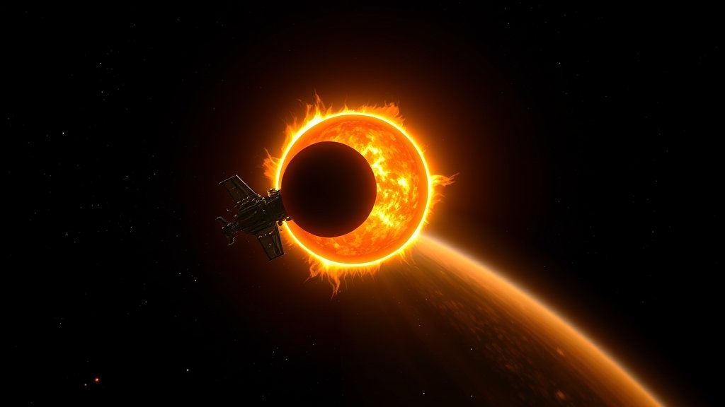 An illustration of a spacecraft eclipsing the Sun, with a rare solar prominence eruption in the background, and a subtle hint of the Sun's internal structure.