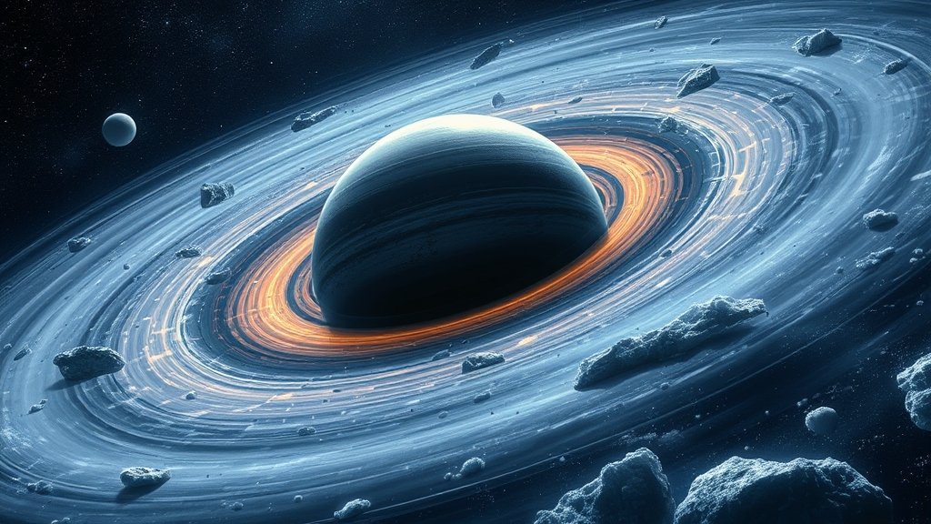An illustration of Neptune's magnetic field with a swirling storm of black ice in the background