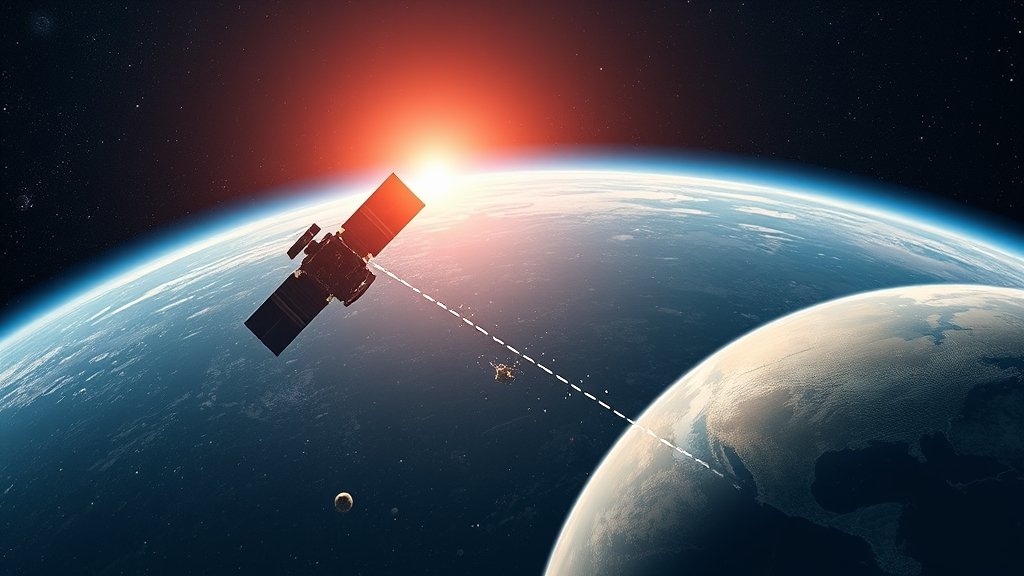 An illustration of a satellite in space with a trail of debris falling towards the Earth, with a seismic graph in the background showing the detection of the debris by earthquake sensors.