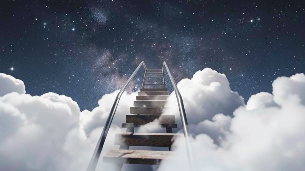 A conceptual image of a staircase or a ladder reaching up to the clouds, with a subtle background of stars and galaxies, symbolizing the connection between the physical and spiritual realms.