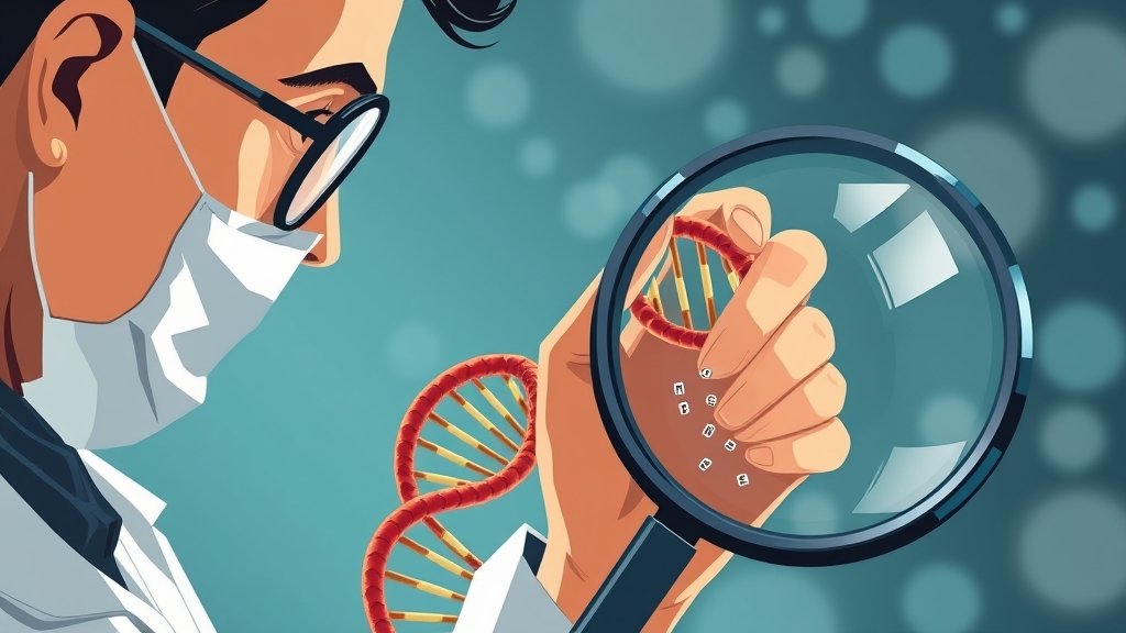 A detailed illustration of a scientist studying a DNA double helix with a magnifying glass, highlighting the tiny genetic code malfunctions