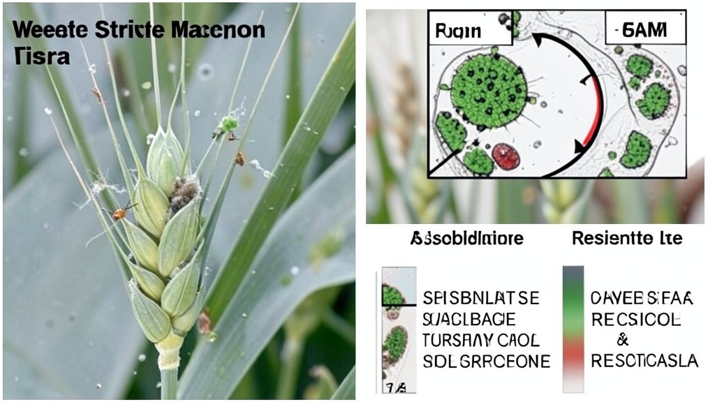 A microscopic image of wheat stripe mosaic virus infecting a wheat plant, with a comparison of susceptible and resistant genotypes in the background