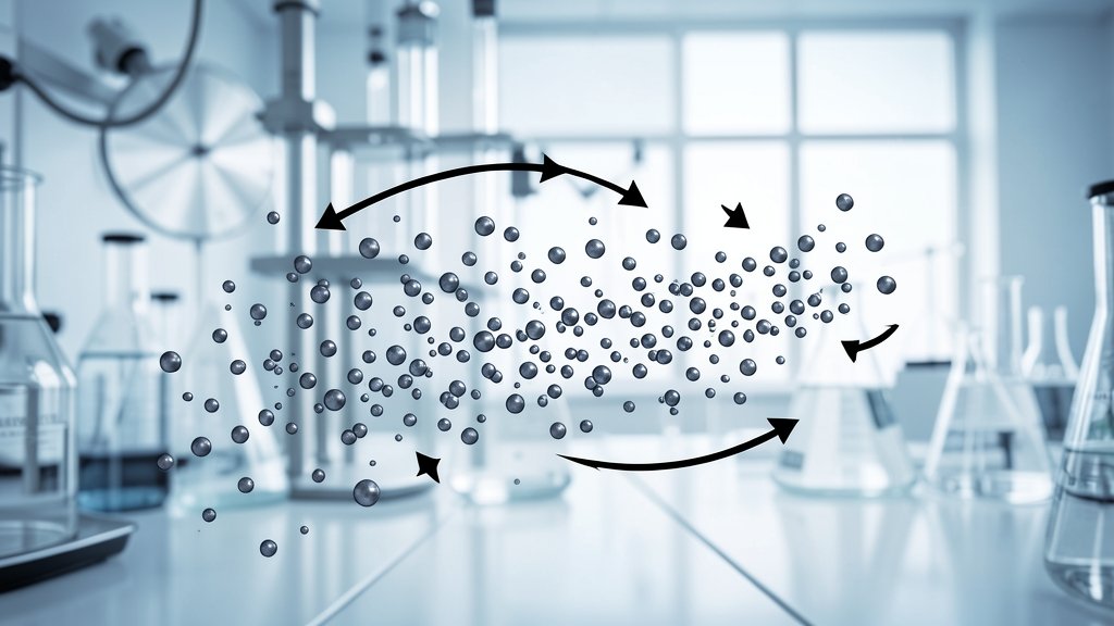 An illustration of microscopic particles moving in a synchronized manner within a fluid, with arrows indicating the direction of flow and a background that represents a laboratory setting.