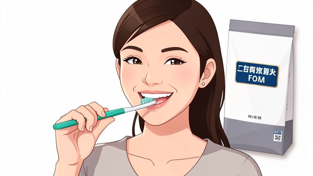 An illustration of a person brushing their teeth with a toothbrush and a packet of powder in the background, with a bright and clean smile.