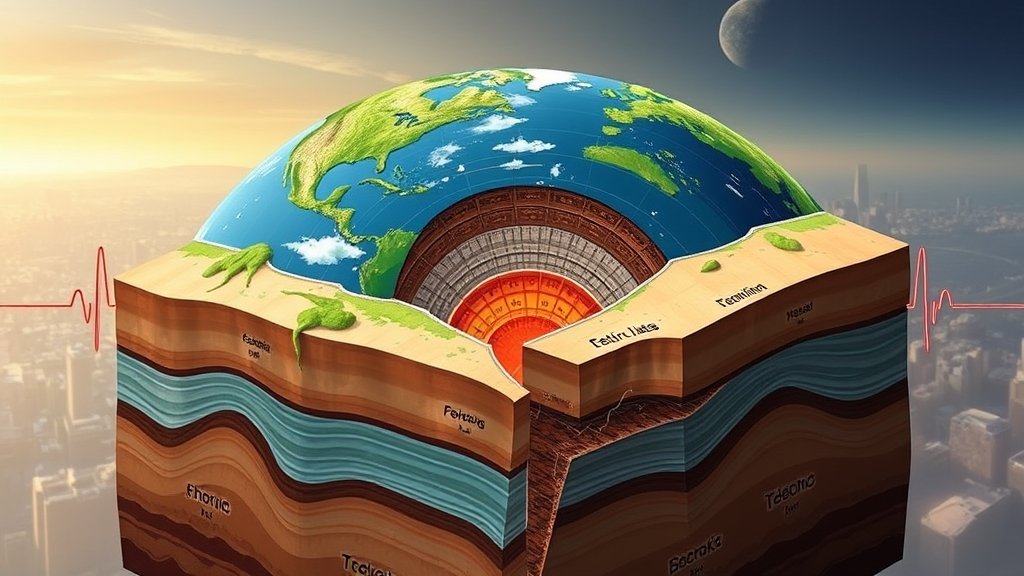 A detailed illustration of the Earth's interior with tectonic plates and seismic waves, with a subtle background of a cityscape or a landscape to represent the impact of earthquakes on human societies.