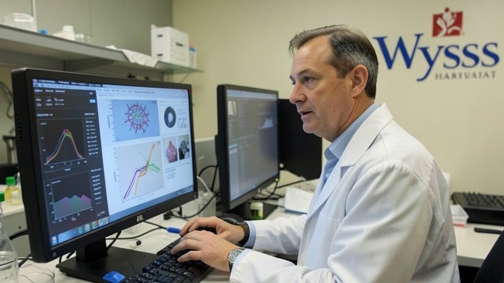 A photo of Russell Gould working in a laboratory with a computer screen displaying data visualizations, with the Wyss Institute at Harvard logo in the background.