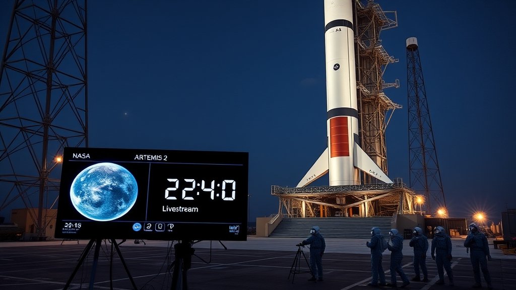 A high-resolution image of the NASA Artemis 2 moon rocket on the launch pad, with a 24-hour livestream screen in the foreground, and astronauts in the background preparing for their journey around the Moon.